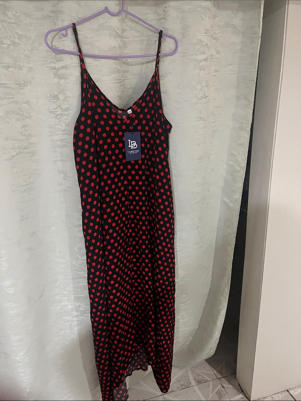 Black Slip Dress with Red Polka Dot Print